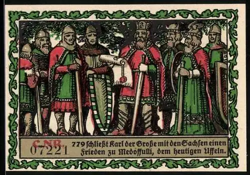 Notgeld Hausberge a. d. Weser 1921, 50 Pfennig, Carl der Grosse schliesst mit den Sachsen Frieden