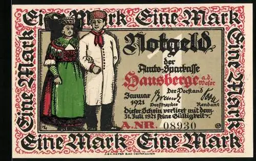 Notgeld Hausberge a. d. Weser 1921, 1 Mark, Jakobsberg bei Porta Westfalica
