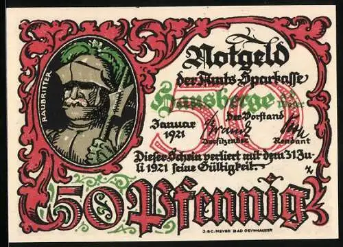 Notgeld Hausberge a. d. Weser 1921, 50 Pfennig, Ein Raubritter, Die Burg wird angegriffen