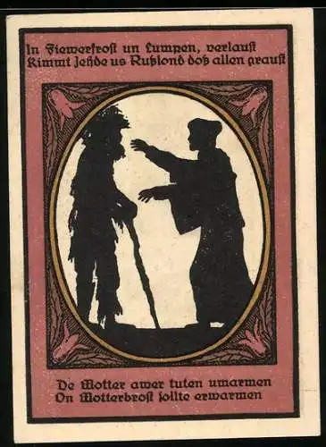 Notgeld Kalbsrieth, 50 Pfennig, Das Kavalierhaus, Die Mutter umarmt den Rückkehrer