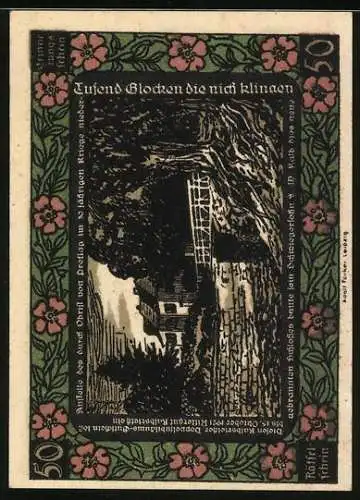 Notgeld Kalbsrieth, 50 Pfennig, Flussbrücke am Schloss, die letzte Nonne auf ihrem Stuhl