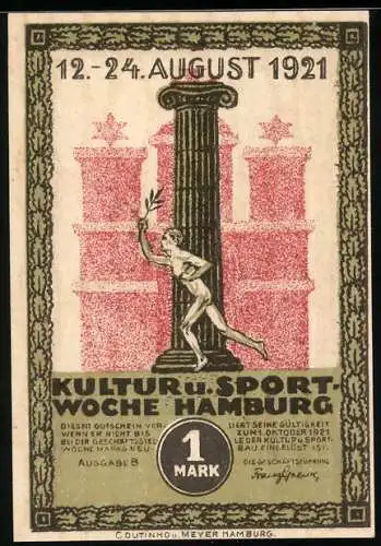 Notgeld Hamburg 1921, 1 Mark, Kultur- u. Sport-Woche, Läufer vor einer Säule