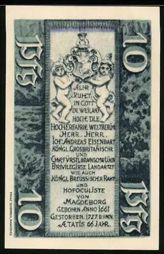 Notgeld Hann. Münden 1921, 10 Pfennig, Grabinschrift von Andreas Eisenbart