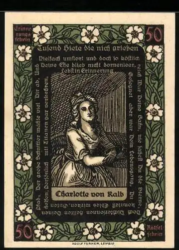 Notgeld Kalbsrieth, 50 Pfennig, Charlotte von Kalb, Frau am Spinnrad