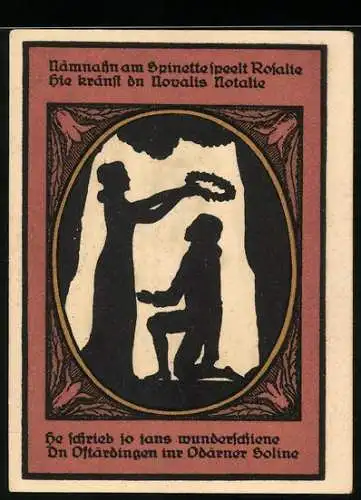 Notgeld Kalbsrieth, 50 Pfennig, Ortsansicht am Ende der goldenen Aue, Frau krönt einen Mann