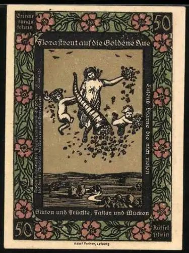Notgeld Kalbsrieth, 50 Pfennig, Flora mit Füllhorn, Junge im Busch