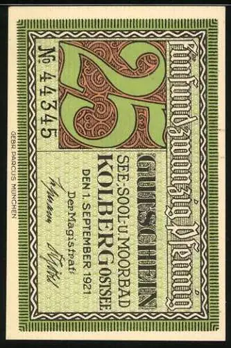 Notgeld Kolberg /Ostsee 1921, 25 Pfennig, Schill in Uniform