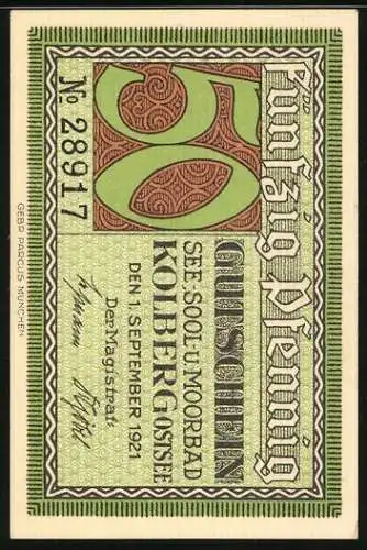 Notgeld Kolberg /Ostsee 1921, 50 Pfennig, Konterfei von Waldenfels