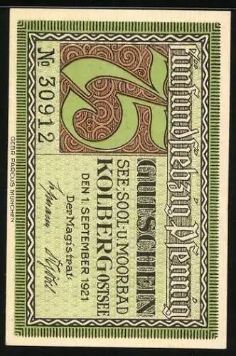 Notgeld Kolberg /Ostsee 1921, 75 Pfennig, Konterfei von Nettelbeck