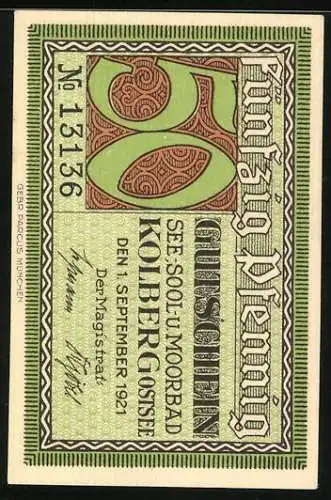 Notgeld Kolberg /Ostsee 1921, 50 Pfennig, Portrait von Waldenfels