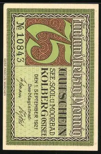 Notgeld Kolberg /Ostsee 1921, 75 Pfennig, Nettelbeck im Portrait