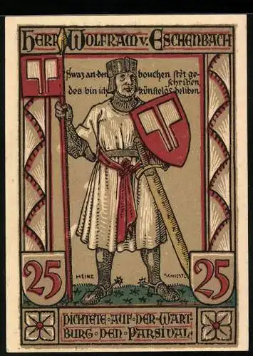 Notgeld Eisenach, 25 Pfennig, Wolfram von Eschenbach, Bachhaus, Lutherhaus