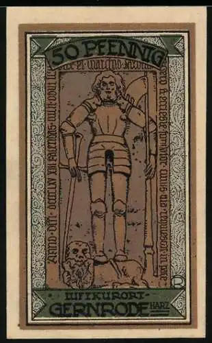 Notgeld Gernrode /Harz 1921, 50 Pfennig, Grabplatte mit Ritter und Löwen