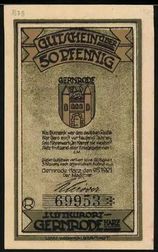 Notgeld Gernrode /Harz 1921, 50 Pfennig, Eine Grabplatte