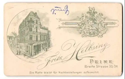 Fotografie Fritz Helbsing, Peine, Breite Str. 33 /34, Blick auf das Ateliersgebäude nebst Wappen