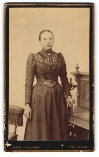 Fotografie Herm. Krausse, Treuen i. W., junge Dame im dunklen Kleid posiert am Sekretär