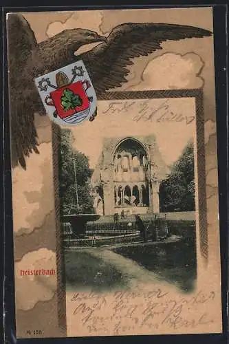 AK Heisterbach, Blick auf die Klosterruine, Passepartout mit Adler und Wappen