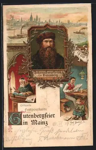 AK Mainz, 500jährige Gutenbergfeier, 1400-1900, Johann Gutenberg Portrait