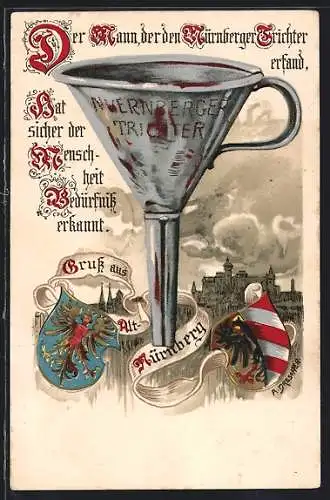 Lithographie Nürnberg, Stadtansicht mit Wappen und Trichter
