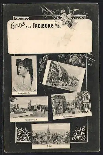 AK Freiburg i. Br., Kaiserstrasse, Kaiserbrücke, Marktplatz, Markgräflerin in Tracht, Gesamtansicht