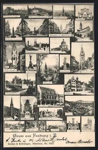 AK Freiburg i. B., Münster, Gothische Brunnen, Kaiserstrasse mit Martinsthor