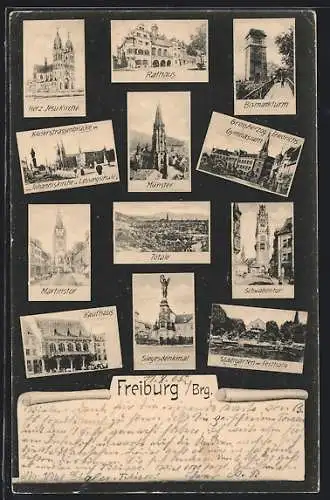 AK Freiburg / Breisgau, Münster, Kaiserstrassenbrücke mit Johanniskirche und Lessingschule, Kaufhaus, Martinstor