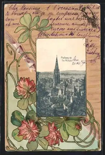 AK Freiburg i. B., Blick auf das Münster, im Jugendstil-Passepartout