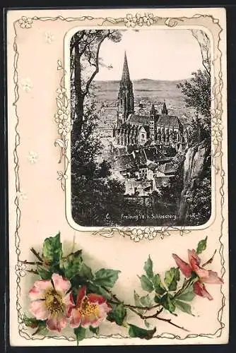 AK Freiburg i. B., Das Münster vom Schlossberg aus, florales Passepartout mit Blüten
