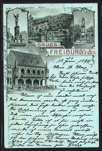Lithographie Freiburg i. B., Das Kaufhaus, Sieges-Denkmal, Waldsee, Berthold-Schwarz-Denkmal