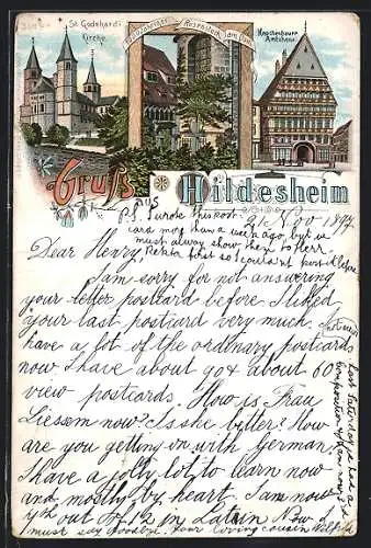 Lithographie Hildesheim, St. Godehardi-Kirche, Rosenstock am Dom, Knochenhauer-Amtshaus