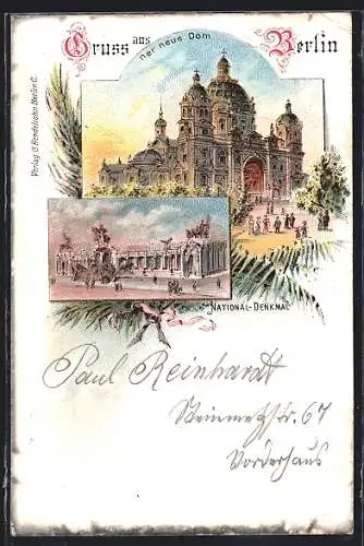 Lithographie Berlin, National Denkmal und neuer Dom