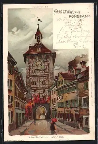 Lithographie Konstanz, Schnetztor mit Husshaus