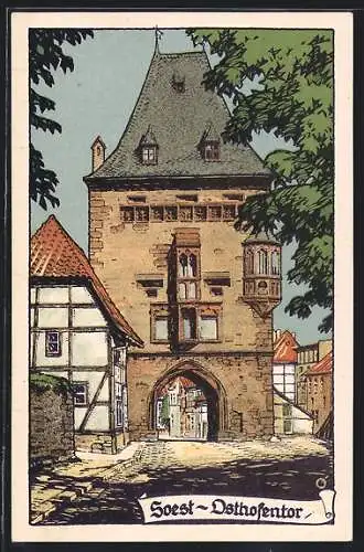 Steindruck-AK Soest, Ortsansicht mit Osthofentor