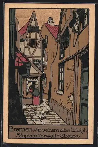 Steindruck-AK Bremen, Stephanitorwall-Strasse