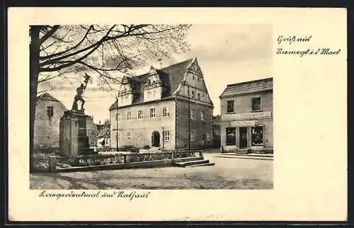 AK Niemegk / Belzig, Kriegerdenkmal und Rathaus