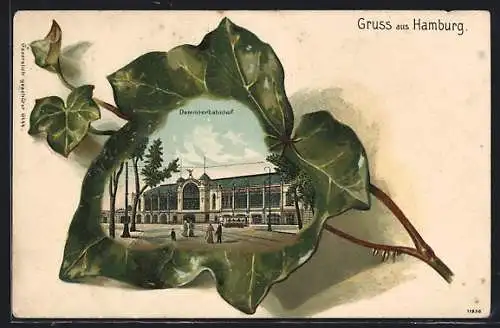 Passepartout-Lithographie Hamburg-Rotherbaum, Dammtorbahnhof im Efeublatt