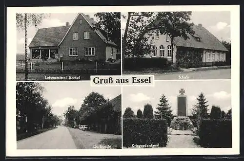AK Essel / Gnarrenburg, Schule, Dorfstrasse, Kriegerdenkmal
