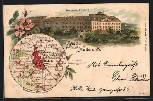 Lithographie Halle a. S., Francke`sche Stiftungen und Karte der Umgebung