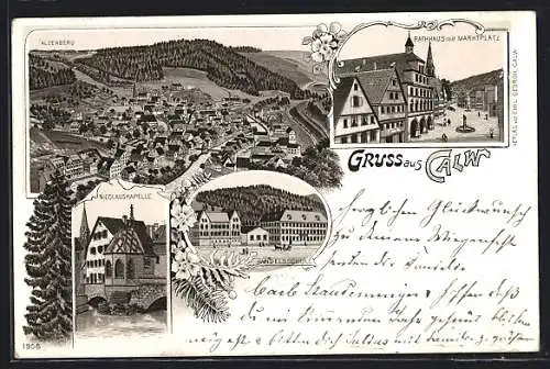 Lithographie Calw, Rathaus mit Marktplatz, Nicolauskapelle, Handelsschule