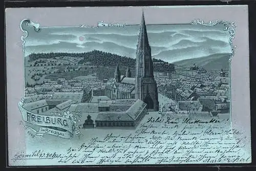 Mondschein-Lithographie Freiburg im Breisgau, Stadtansicht mit Kirche aus der Vogelschau