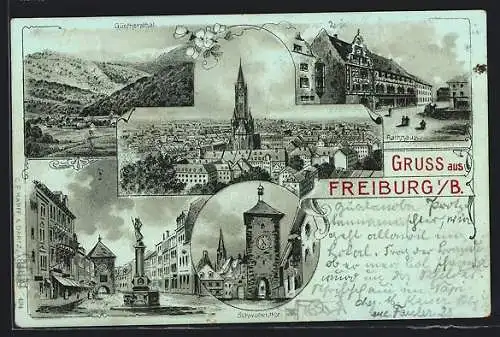 Mondschein-Lithographie Freiburg i. B., Günthersthal, Schwabenthor und Rathhaus