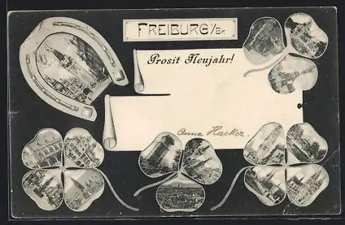 AK Freiburg i. Br., Strassenpartien mit Kleeblatt-Passepartout