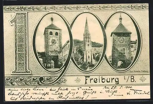 AK Freiburg i. Br., Türme im Passepartout zum Neujahr 1900