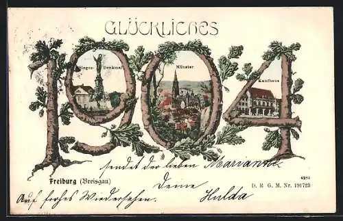 AK Freiburg i. Br., Münster, Denkmal und Kaufhaus in Neujahrs-Passepartout 1904