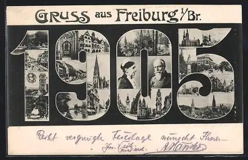 AK Freiburg i. Br., Kirchen und Strassenpartien in Neujahrs-Passepartout 1905