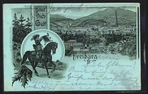 Mondschein-Lithographie Freiburg i. Br., Stadtansicht und Reiter mit Trompete