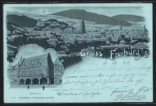 Mondschein-Lithographie Freiburg / Breisgau, Panorama, Strassenpartie am Kaufhaus