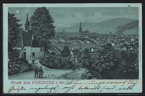 Mondschein-Lithographie Freiburg i. Br., Stadtansicht mit Partie an einer Kirche