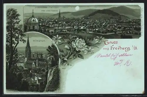 Mondschein-Lithographie Freiburg i. Br., Münster und Blick vom Lorettoberg