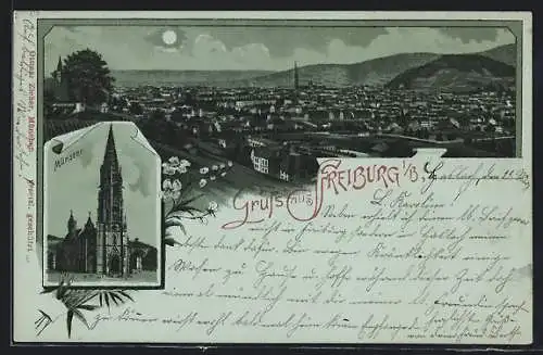 Mondschein-Lithographie Freiburg i. Br., Münster und Blick über die Dächer